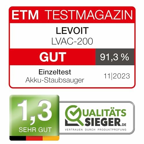 ETM Testmagazin Bewertung für Levoit LVAC-200 Akkustaubsauger, Note gut 91,3%, Qualitätssieger