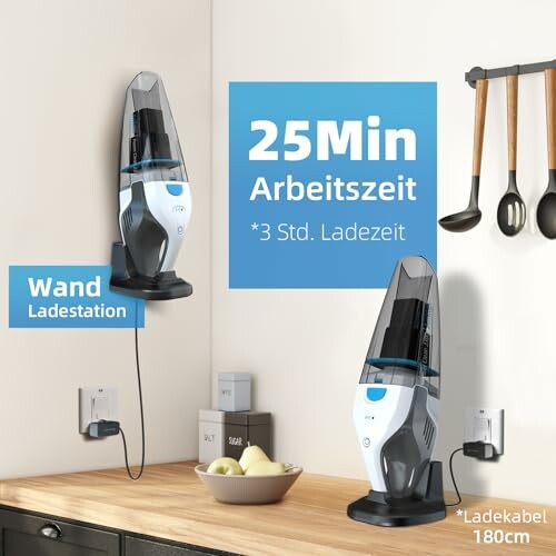 Handstaubsauger an Wandladestation mit 25 Minuten Arbeitszeit.